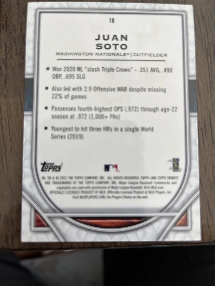 2021 Topps Tribute Purple JUAN SOTO /50 - #18 - Image 2 of 2