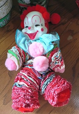 Vintage Yo-Yo Clown Doll ~ Fabric Circles, Plastic Molded Face Pompom Clown