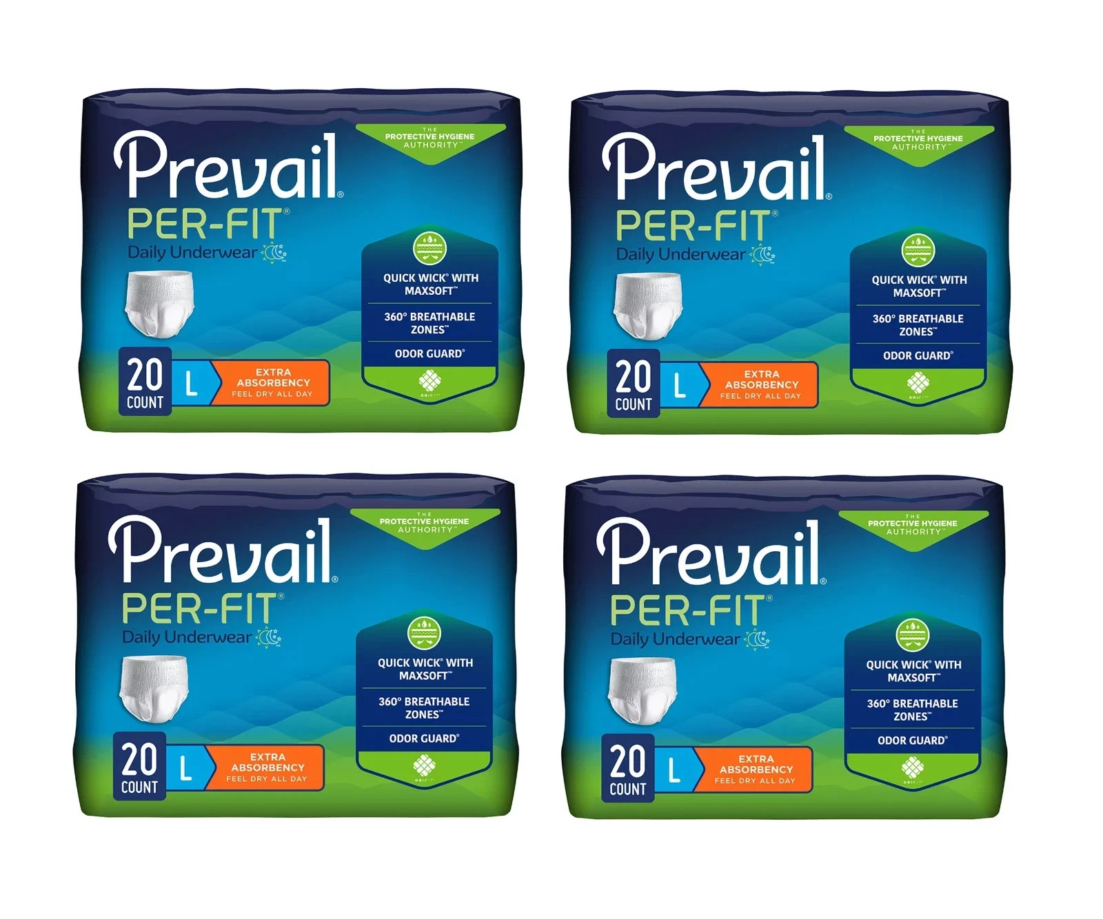 Prevail Per-Fit Adult Unisex Daily Large Underwear/Diapers Box of 4 Bags (80ct)