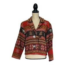 Vintage 90s Southwestern Bear Print Boho Toggle Wool Jacket Womens Size Medium