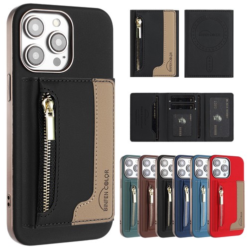 Für iPhone 16 Pro Max 15 14 13 12 11 XR Leder Magnet Reißverschluss Ständer Wallet Case
