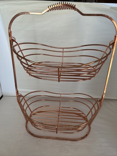 2 Tier Stand Fruit Rocking Basket Storage Copper Tone Metal Wire Bowl 20”x 14.5” - Picture 3 of 4