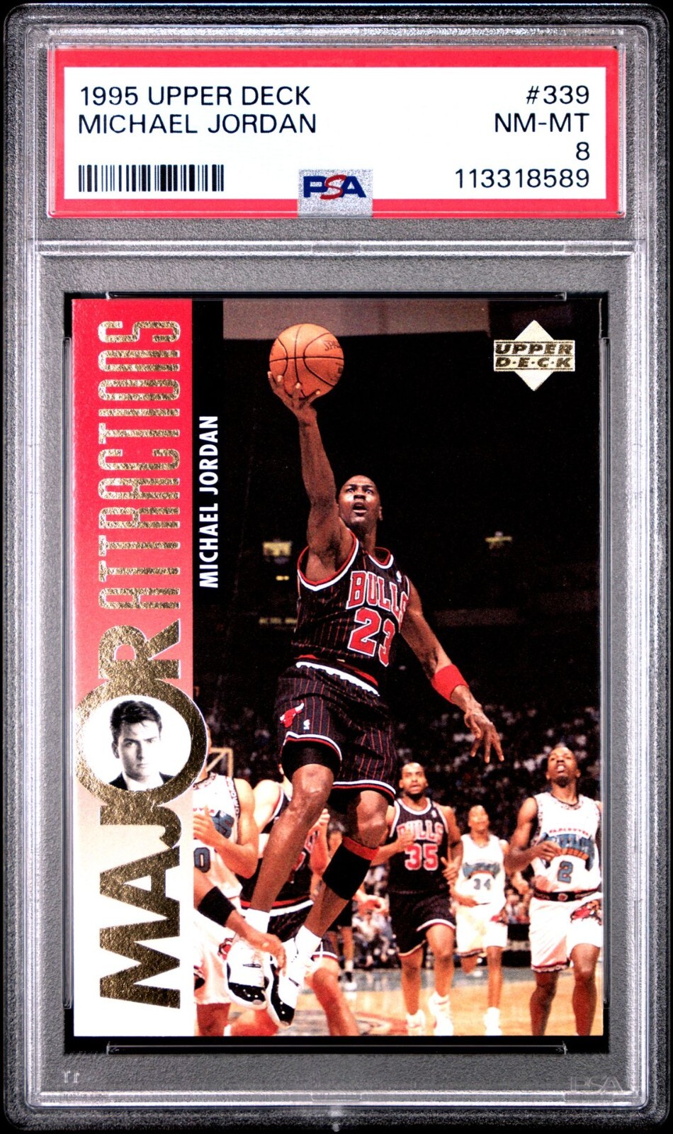 PSA 8 nm-mint 1995/96 UPPER DECK #339 MICHAEL JORDAN - Charlie Sheen on back