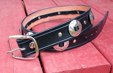 30" HANDMADE 1 1/2" WIDE BLACK LEATHER BELTS WITH CONCHOS AND ATTACHED BUCKLE.