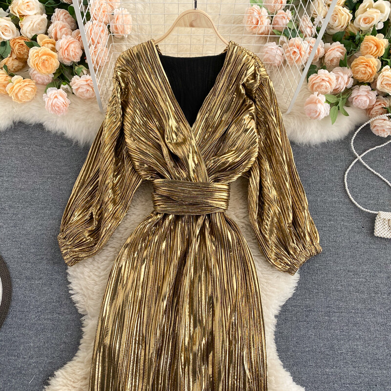 Lady Midi Metallic Shiny Long Sleeve Dress V-neck Tunic Night Bar Clubwear  Dress | eBay