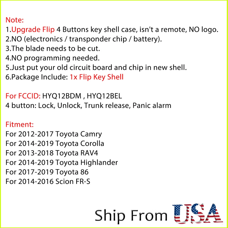 Carcasa de llave abatible mejorada 4B para Toyota Corolla Camry 2014 2015 2016 2017 2018 2019 Foto 2 de 4