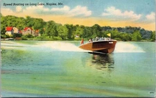 Speed Boating Long Lake Naples Me Linen Reflection Vintage Postcard