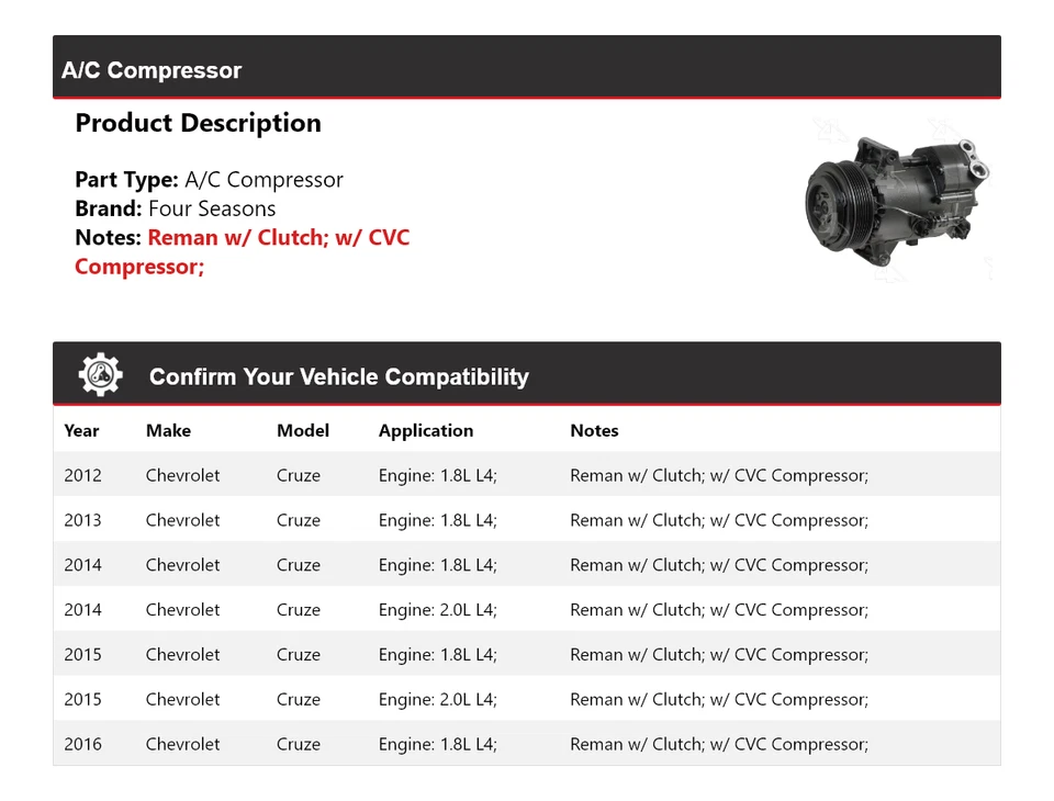 Compresor de aire acondicionado Chevrolet Cruze 2012-2016 4 estaciones 2013 2014 2015 Foto 2 de 4