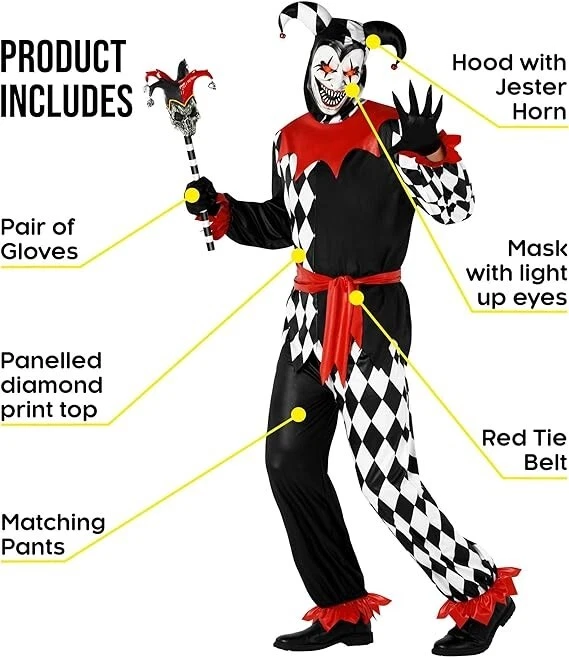 Disfraz de bufón malvado para hombre máscara iluminada adulto miedo ojo rojo payaso traje Halloween Foto 3 de 4