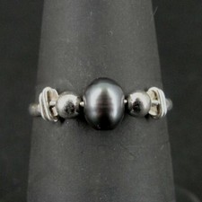 Ring Silver Black Pearl with Bead Accents Sterling 925 Size 6 Ring Band