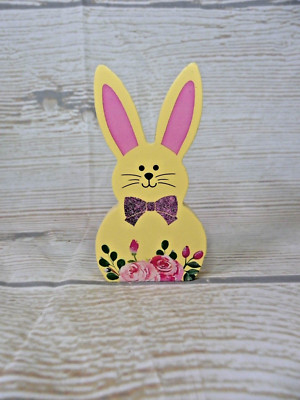 New! Yellow Floral Easter Wood Cutout Bunny Block Sign Spring Decor Tier Tray  ~