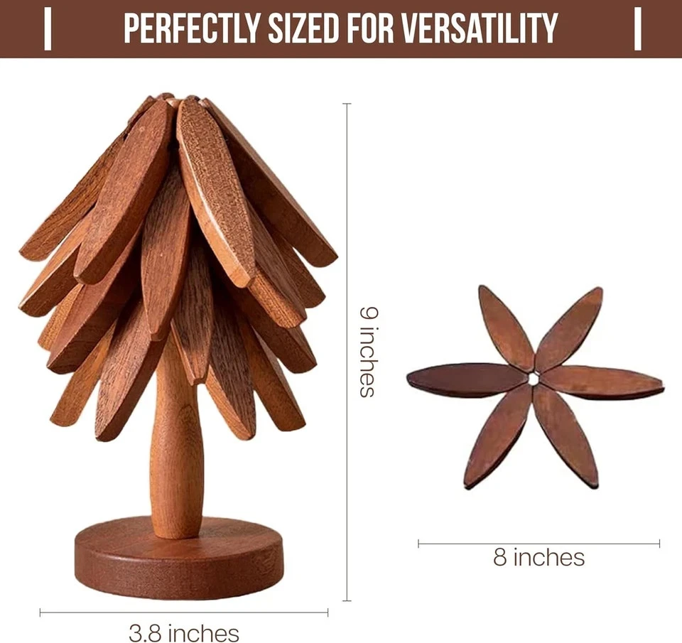 Remaches de madera para platos calientes, juego de remaches en forma de árbol con soporte, resistente al calor Foto 2 de 4
