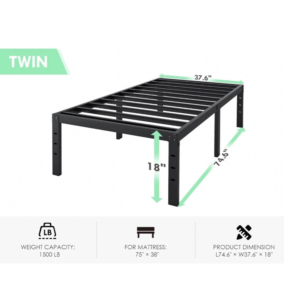 Marco de cama de 18" tamaño doble plataforma de metal resistente sin necesidad de somier Foto 2 de 4