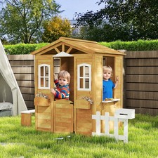 Maison de jeu extérieure en bois pour enfant avec portes fenêtres boîte aux lettres pot de fleurs support banc