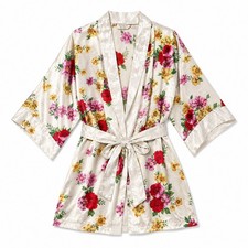 Vtg Victorias Secret Gold Label Floral Satin Silky Kimono Robe White Grannycore
