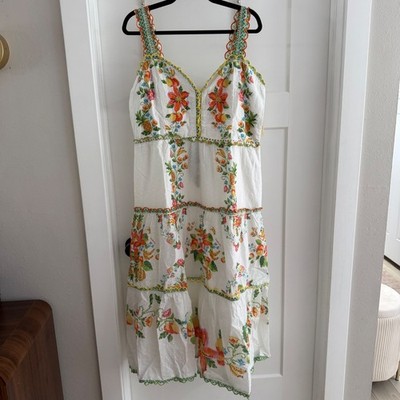 Farm Rio Mixed Tropical Romance White Midi Dress Embroidered Tiered XL Boho NEW
