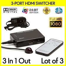 3 Pack HDMI Switcher 3-In 1-Out Selector Full HD 4K 30Hz Switch with IR Remote