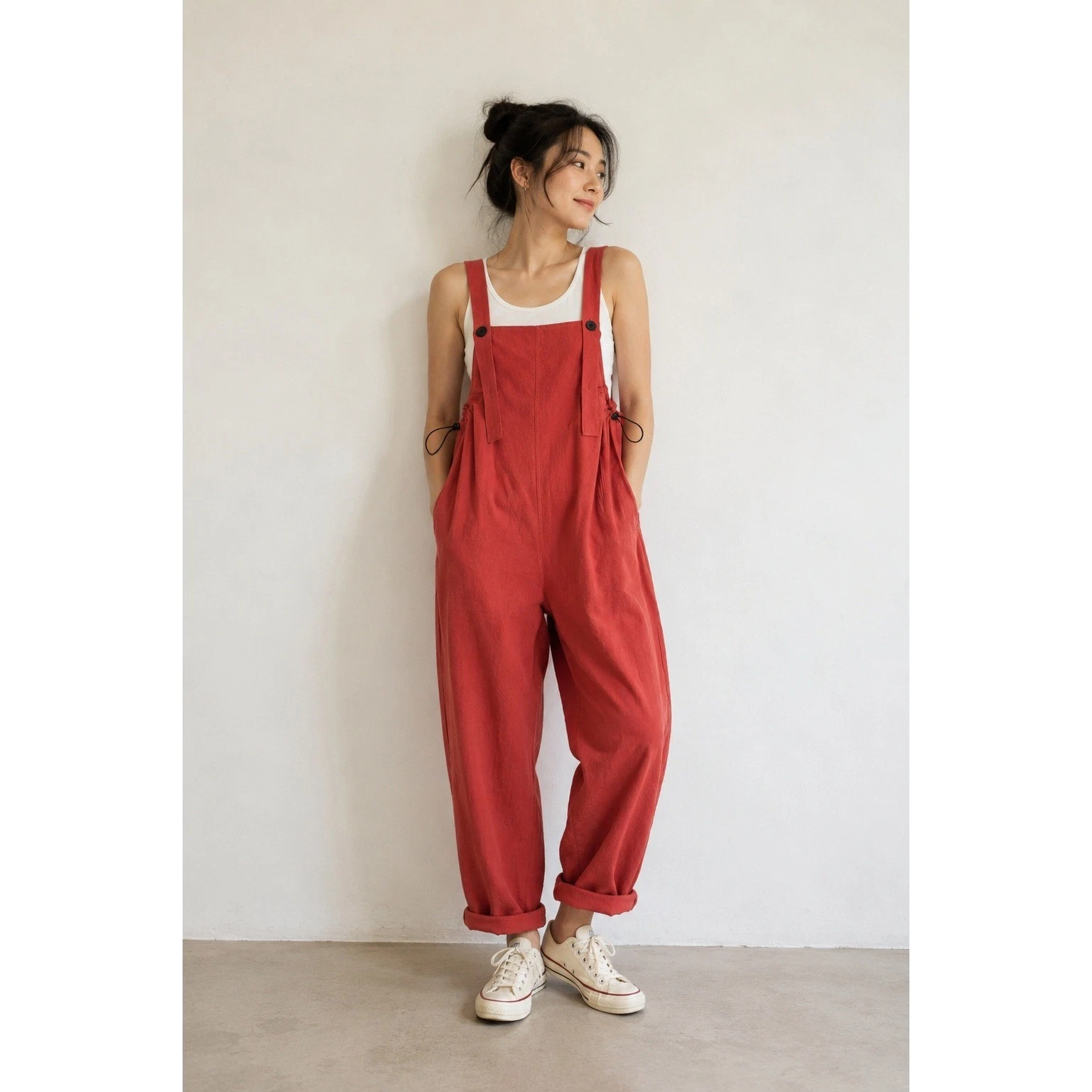 Minimalist Wide Leg Overalls Sz S Brick Red Cottagecore Utility Workwear Artist
