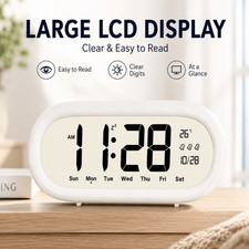 Digital Alarm Clock with Large LCD Display, Electronic Desk Clock with Calendar