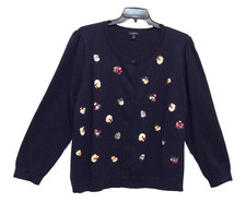 Talbots Plus Navy Cardigan Sweater size 3X Embellished w/ Sequin Pansy Flowers