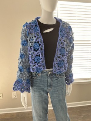 Cardigan Chrochet Handmade OOAK FiberArt Yo- Yo Floral Blue Small