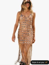 Nasty Gal Bronze Hand Embellished Disc Beaded Tassel Beach Dress Size Large NWT