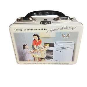 Vtg 50s Hostess Housewife Lunch Box Party Girl Baking With Mom 2 Sided Tin MCM