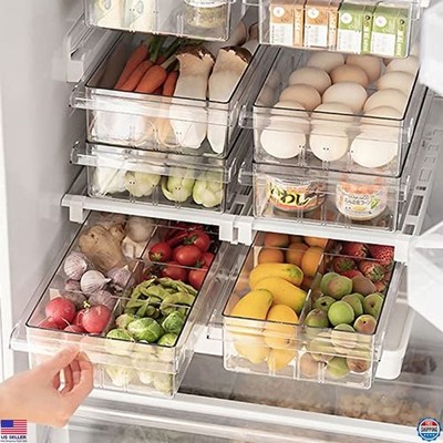 Clear Plastic Refrigerator Organizer Bins for Food, Snacks, Eggs & Veggies