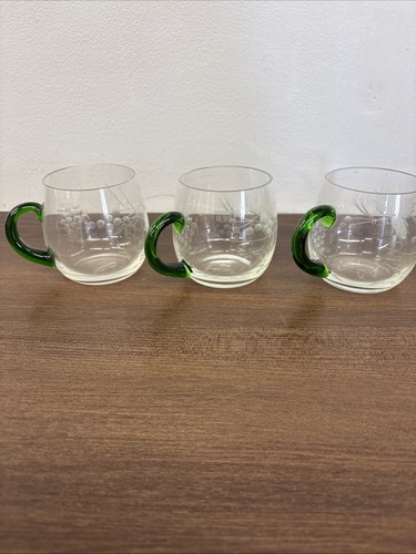 Vintage Set of 3 Clear Glass Coffee Mugs with Green Glass Handle