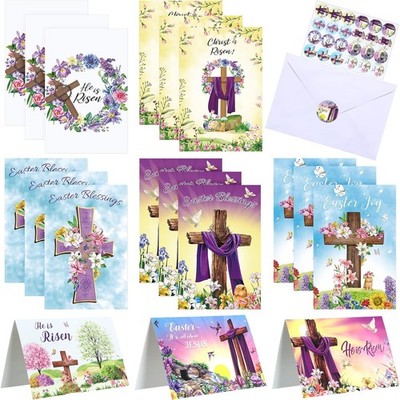 24 Set Easter Cards with Envelopes and Stickers Religious Cross Greeting Card...