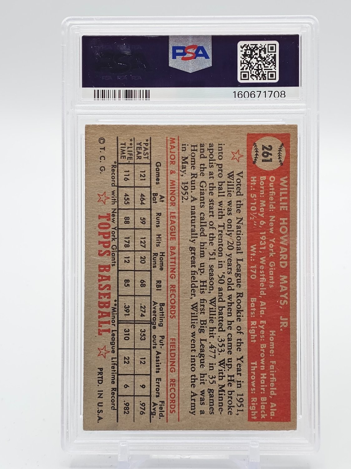 WILLIE MAYS 1952 TOPPS BASEBALL #261 NEW YORK GIANTS PSA 2 Q1048 view 2