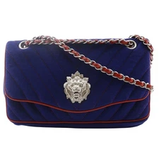 CHANEL Double Chain Shoulder Shoulder Bag V Stitch Lion Chevron Navy blue ...