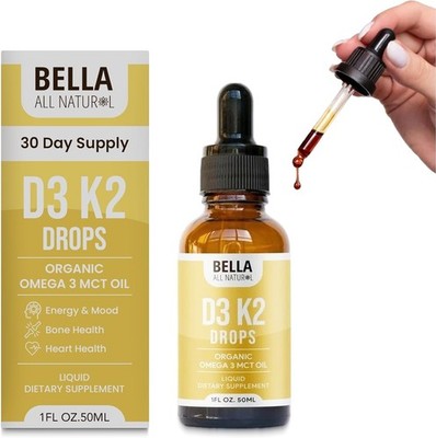 Bella Vitamin D3 K2 Liquid Drops 5000 IU Bone Immune Heart Health Supplement