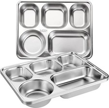 3 Pack Stainless Steel Rectangular Divided Plates Tray, 5 Sections Dinner Plates
