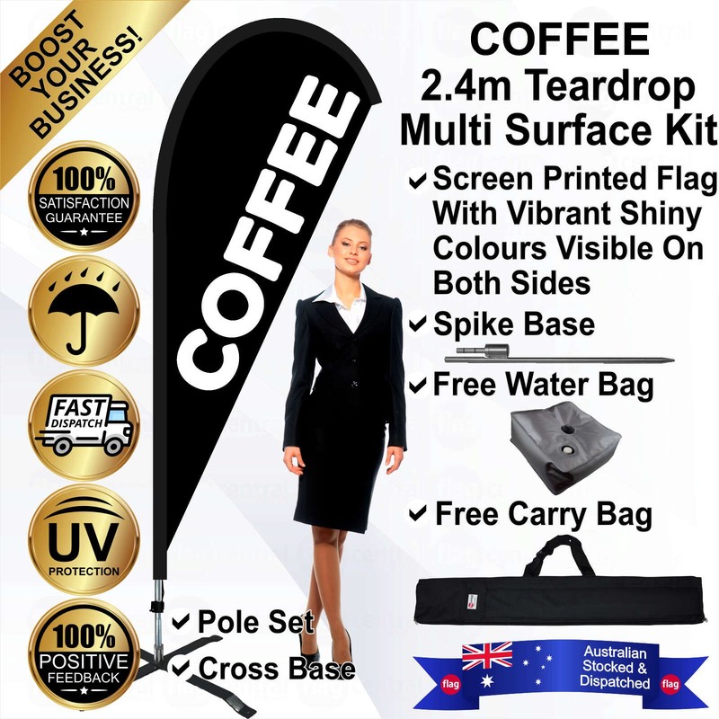 K - COFFEE Black 2.4m Teardrop Flag / Banner Kit with Pole Set, Galvanised Steel Ground Spike, Steel Outdoor Cross Base, Free 15kg Water Bag and a Free Carry Bag - 1
