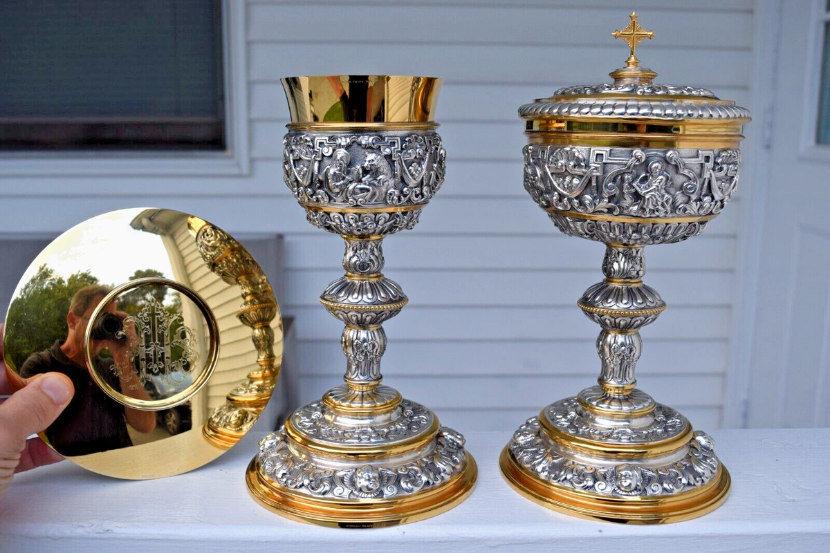 All Sterling Silver Matching Baroque Chalice, Paten & Ciborium Set
