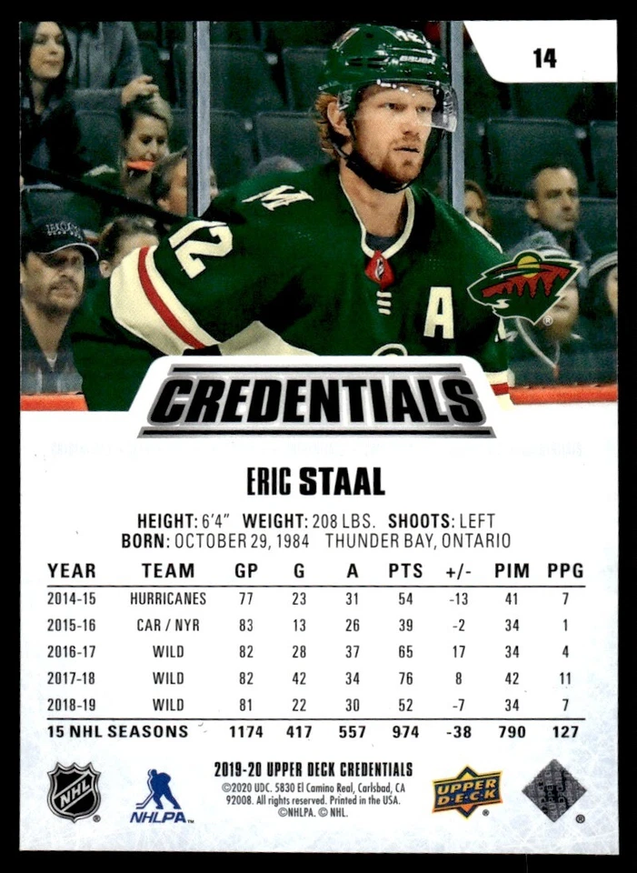 2019-20 Upper Deck Credentials Green Eric Staal 28/99 Minnesota Wild #14 - Image 2 of 2