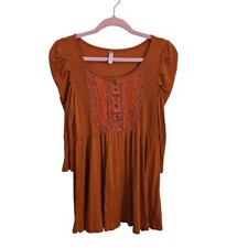 Free People Orange/Rust Crochet Button-Front Tunic Rayon Babydoll Dress Size S