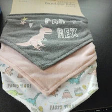 Modern Baby 3 pack Reversible Bandana Bibs Girls party t-rex,pinkdino party