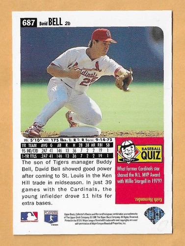 DAVID BELL ST. LOUIS CARDINALS #687 - UPPER DECK COLLECTOR'S CHOICE NM-MT 1996 - Picture 2 of 2