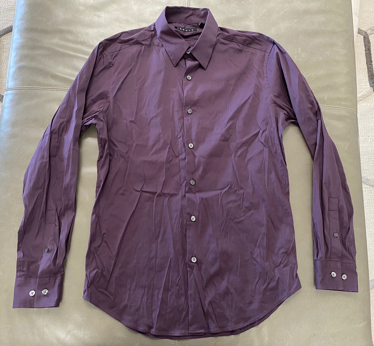 Theory Sylvain Wealth Mens Stretch Button Down Shirt Maroon Small 