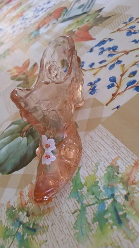 Fenton PEACH Signed Hand Painted Glass Slipper