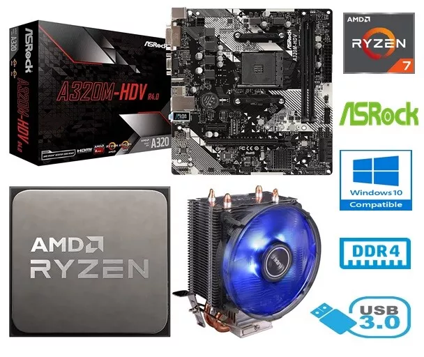 AMD RYZEN 7 2700X BUNDLE - 8 CORE - ASROCK A320M-HDV MOTHERBOARD