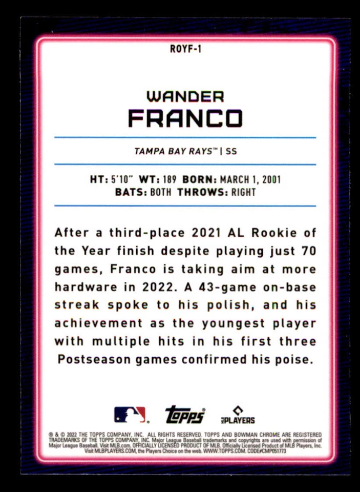 2022 Bowman Chrome Rookie of the Year Favorites #ROYF1 Wander Franco - Image 2 of 2