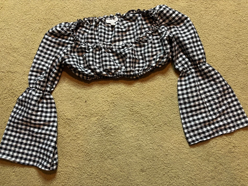 Topshop Peasant Crop Milkmaid Top Black White Gingham Check Bell Long Sleeve 2P - Image 3 of 4