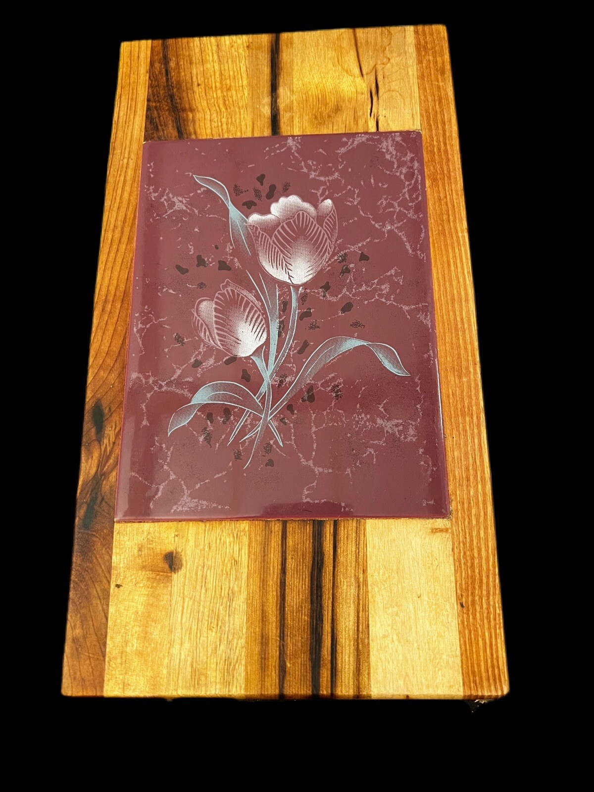 Cutting Board Handcrafted In Oregon Wood With Tile Insert Purple With Tulips.-image