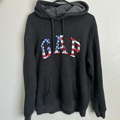 GAP Hoodie Mens Size Large Gray Pullover Fleece Lined Spellout USA American Flag