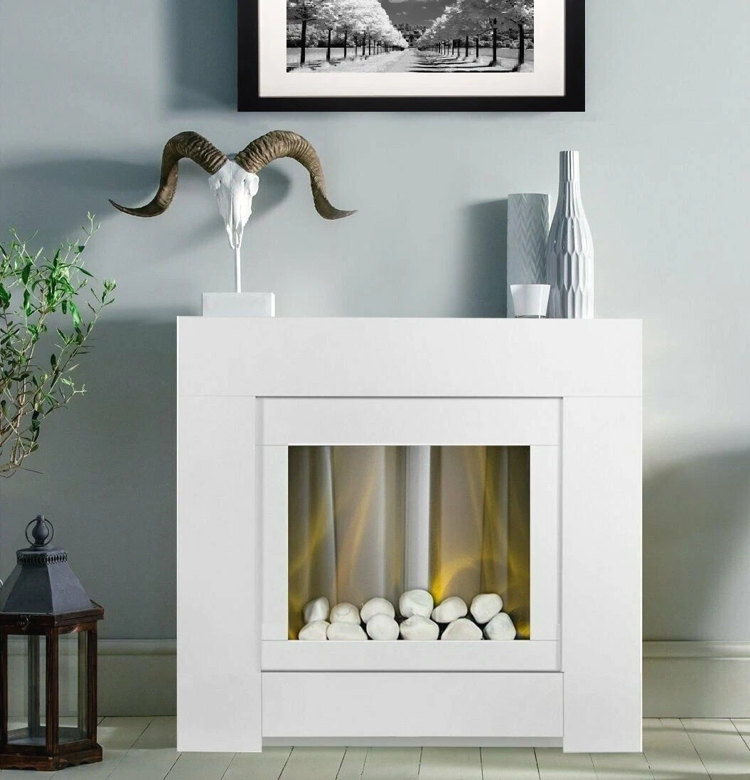 ELECTRIC FIRE WHITE FREESTANDING FIREPLACE SURROUND PEBBLE BOWL 2KW HEAT  BNIB | eBay