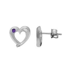Heart Design Stud 3 MM Round Amethyst 925 Sterling Silver Beautiful Earrings