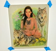 Authentic Vintage 90's Native American Girl & Wolves Heat Transfer Iron On NOS